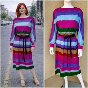 Vintage 70s Sheer Watercolor Stripe Midi Dress
